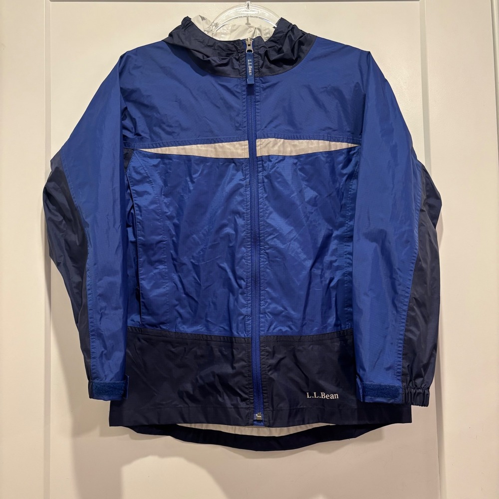 LL Bean Boys Blue Colorblock Rain Jacket Hooded Windbreaker Size L 14-16 0BVS1